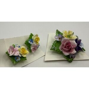 vtg Porcelain Floral Brooch &‎ Earrings Set Hand Painted Roses Pansy Screw Back